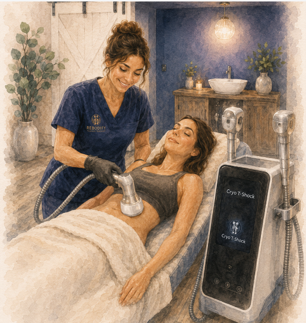 Rebodify technician performing a CryoSlimming body contouring session